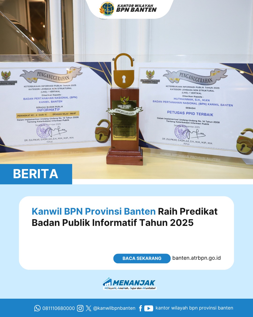 KANWIL BPN PROVINSI BANTEN RAIH PREDIKAT BADAN PUBLIK INFORMATIF TAHUN 2025